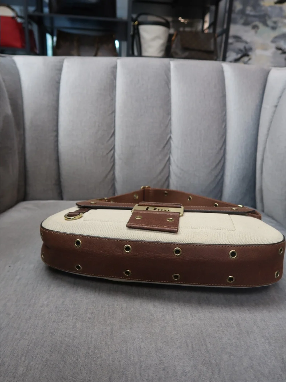 Dior Brown & Cream Canvas Shoulder Bag with Gold Hardware - Picture 3 of 10